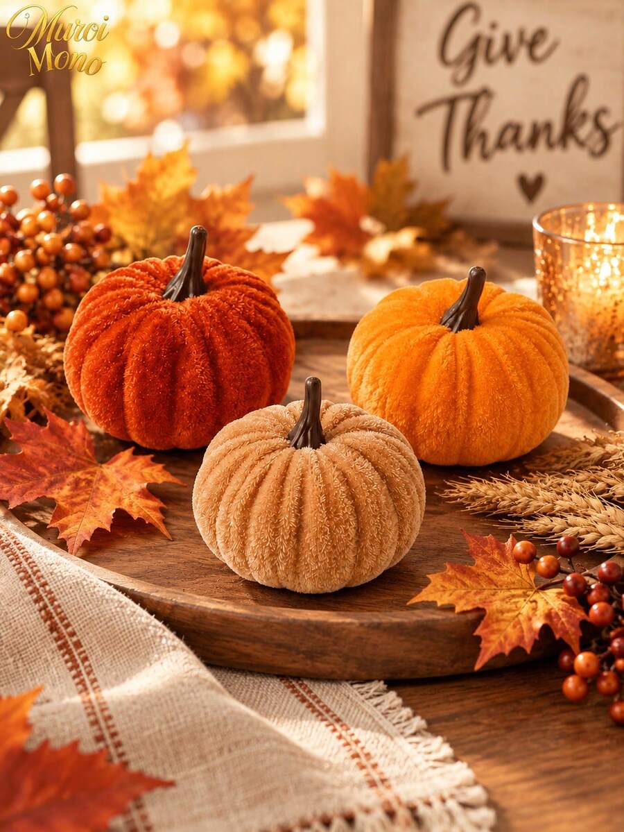 3/6/12pcs Mini Velvet Artificial Pumpkin Decor,Foam Core,Thick Velvet Fabric Exterior,Suitable For Autumn Atmosphere Decoration,Thanksgiving Harvest Backdrop,Birthday Party Tabletop Decor,Dining Table Centerpiece,Autumn Home Decor,Halloween Party - pumpkin - View 1
