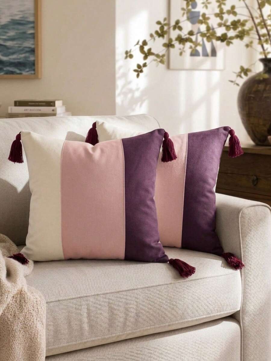 Cirelle 1pc/2pcs All-Season 3-Tone Vertical Color Block Canvas Pillow Covers With Four-Corner Tassels, Minimalist Modern Boho Neutral Home Decor Cushion Cases For Sofas, Bedrooms, Bay Windows, Apartments & Homestays, Pillow Insert Not Included - Pink purple - View 1