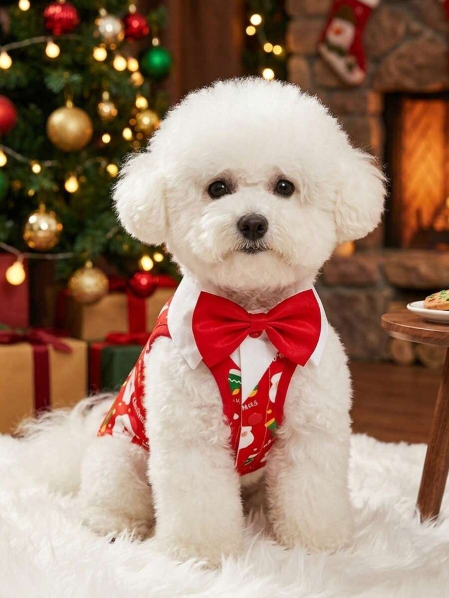 PETSIN قميص حيوان أليف للكلب في عيد الميلاد بطبعة سانتا والرنة مع زينة فيونكة كبيرة ملابس العطلات للجراء الصغيرة والقطط - الأحمر - مشاهدة 1