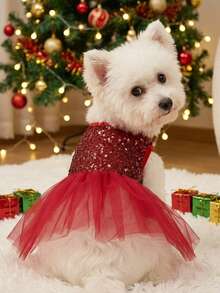 PETSIN Christmas Red Mesh Contrast Sequin Pet Dress - Burgundy - View 6