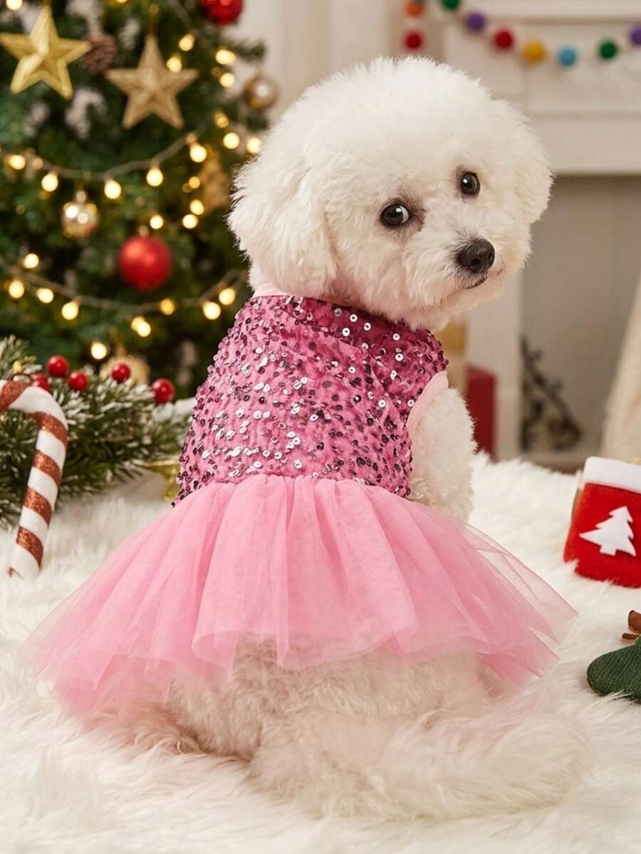 PETSIN Christmas Sparkly Pink Glitter Princess Mesh Tutu Skirt, For Dogs & Cats Party Wear, Fluffy & Shiny - Pink - View 1