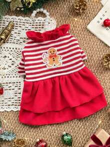 PETSIN Christmas Pet Dog Dress Red‑White Stripe Gingerbread Applique Ruffle Collar Xmas Holiday Outfit For Small Puppy Cat - Red - View 8