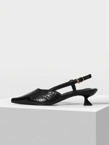 Mnmlis Black Pleated Glossy Pointed Back Empty Sandals Strap Strap Strap Heel Women's High Heel Sandals - Black - View 1