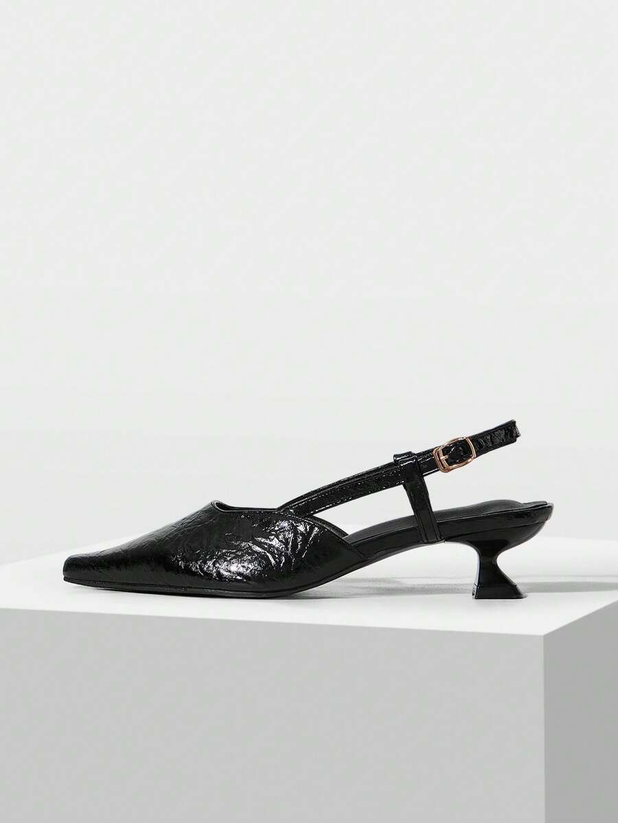 Mnmlis Black Pleated Glossy Pointed Back Empty Sandals Strap Strap Strap Heel Women's High Heel Sandals - Black - View 1