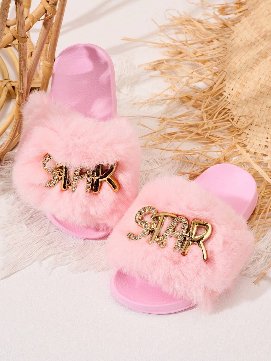 SHEIN 夏季新款粉色字母羊毛拖鞋 女款秋冬居家平底室內外毛絨拖鞋 - 珊瑚粉 - 查看 1