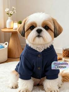 1Pc Solid Pet Pocket Sweatshirt With Leash Ring, Spring Autumn Warm Puppy Clothes, Cute Small Dog Cat Outfit - Navy Blue - View 1