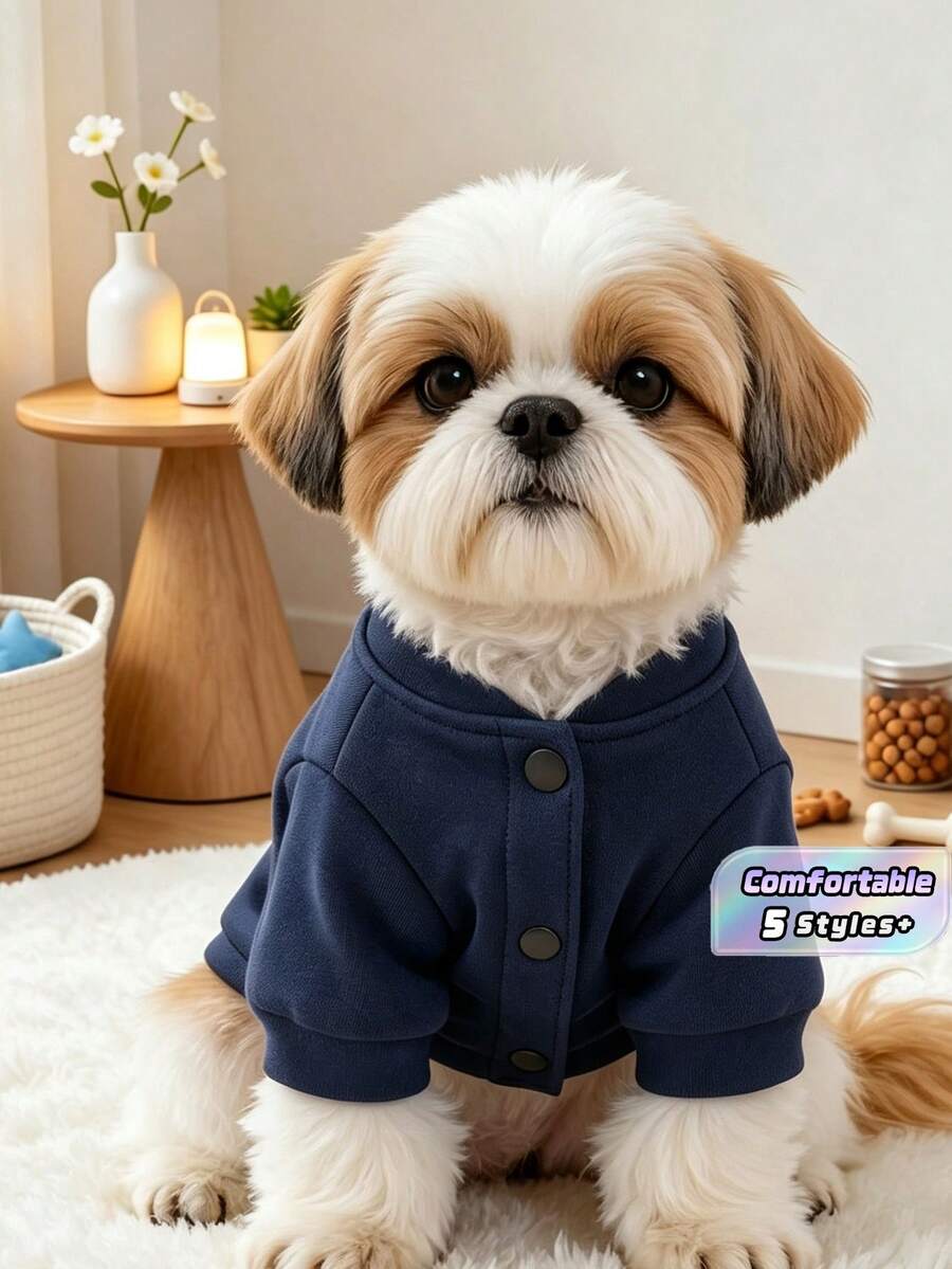 1Pc Solid Pet Pocket Sweatshirt With Leash Ring, Spring Autumn Warm Puppy Clothes, Cute Small Dog Cat Outfit - Navy Blue - View 1