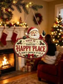 This Is Santa's Happy Place Wooden Hanging Sign, Hand Carved Santa Christmas Front Door Decor, Rustic Winter Porch Wood Plaque Holiday Gift - Multicolor - View 6