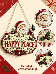 This Is Santa's Happy Place Wooden Hanging Sign, Hand Carved Santa Christmas Front Door Decor, Rustic Winter Porch Wood Plaque Holiday Gift - Multicolor - View 3
