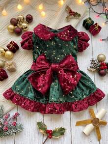 PETSIN Christmas Velvet Pet Dog Dress Gold Star Print Big Bow Ruffle Skirt Xmas Holiday Outfit For Small Puppy Cat - Green - View 3