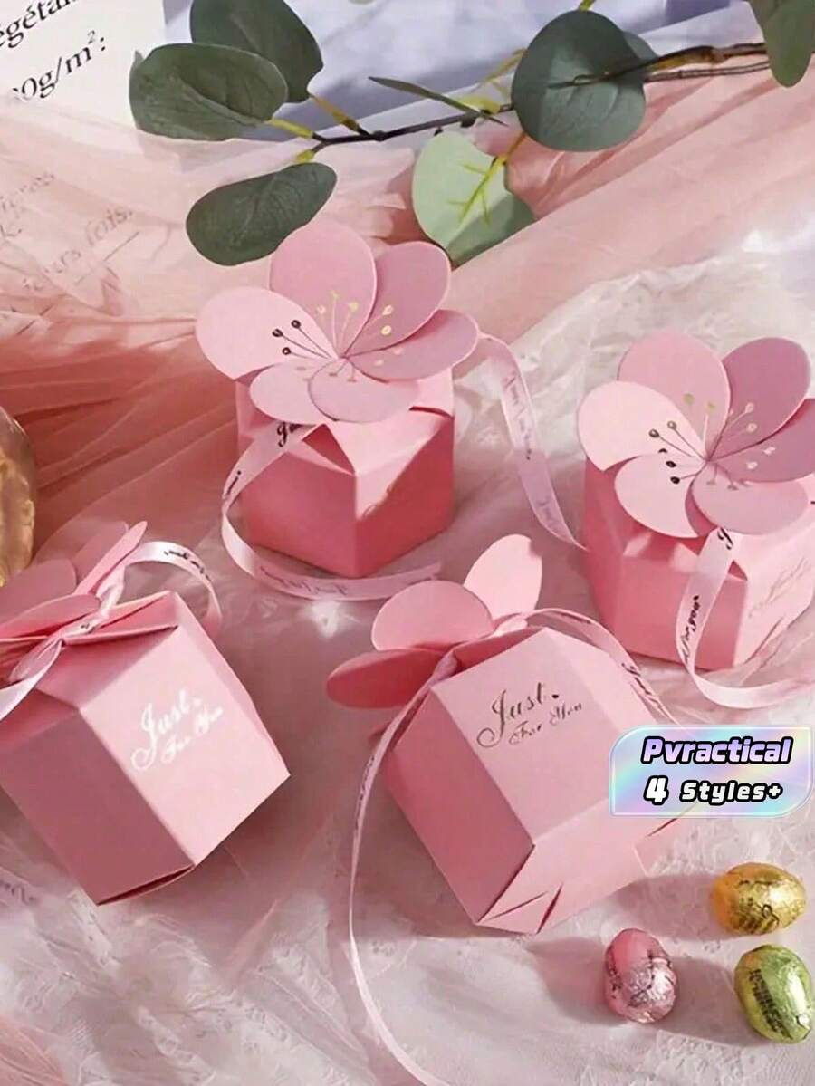 2/5pcs Creative Flower Petal Candy Box, European Style Wedding Table Gifts Hexagonal Flower Petal Box With Ribbon, Wedding Favor Box