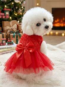 PETSIN Cute Pet Red Lace Dress With Bowknot - Princess Style Dog Cat Formal Wear For Parties & Holidays - Red - View 3