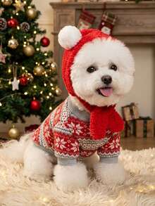 PETSIN Pet Christmas Outfit Knit Snowflake Dog Sweater With Pom‑Pom Santa Hat Warm Winter Clothes For Small Dogs Cats - Red - View 3