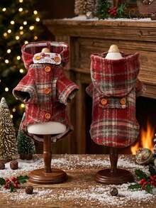 PETSIN Christmas Plaid Pet Coat For Dogs - Warm Hooded Dog Jacket With Cute Buttons, Festive Pet Apparel For Holiday Season - Red - View 5