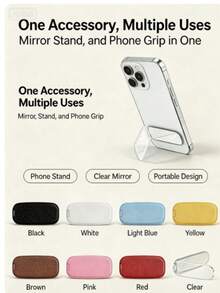 Foldable Phone Mirror Stand, Adhesive Back Sticker Phone Kickstand With Clear Makeup Mirror, Ultra Thin PU Leather Phone Grip Holder, Slim Multi-Angle Desktop Stand, Universal Compatible With Iphone Android, 8 Colors Travel Accessory - A - View 11