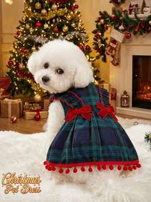 PETSIN 1pc Plaid & Red Bow Decor Pet Dress With Ruffle Hem, Cute & Adorable For Dogs Universal - Green - View 3