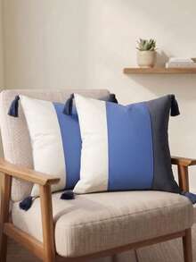 Cirelle 1pc/2pcs All-Season 3-Tone Vertical Color Block Canvas Pillow Covers With Four-Corner Tassels, Minimalist Modern Boho Neutral Home Decor Cushion Cases For Sofas, Bedrooms, Bay Windows, Apartments & Homestays, Pillow Insert Not Included - dark blue - View 2
