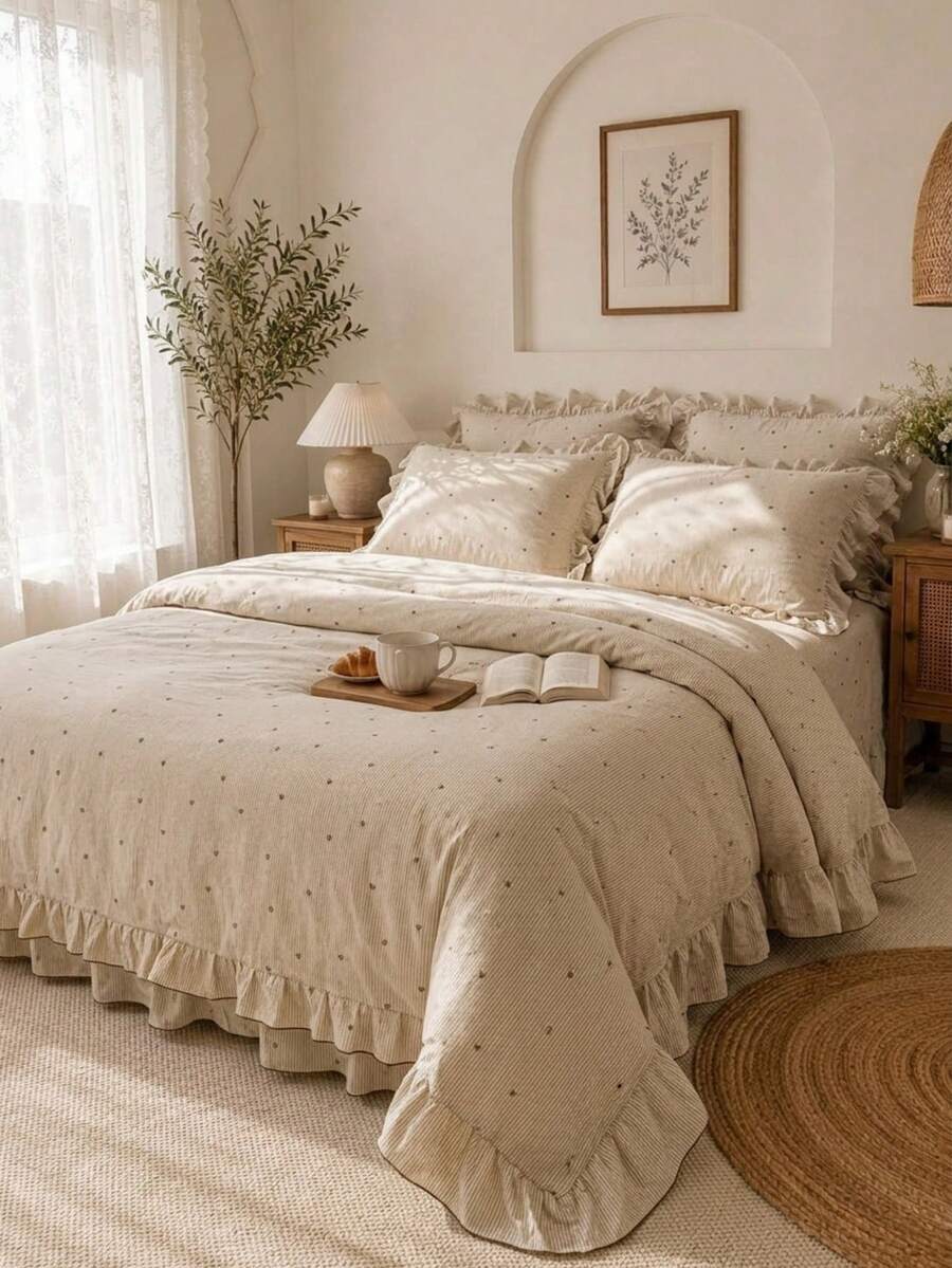 Cirelle 3pcs Vintage Floral Duvet Cover Set With Ruffles, Shabby Chic Cream White Bedding Set, Soft Washed Microfiber Quilt Cover And Pillow Shams, Cute Cottagecore Bedroom Decor (No Insert) - Lotus leaf edge - View 1