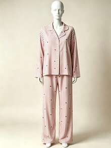 Women Striped & Heart Print Lapel Button‑Up Long Sleeve Pajama Set, Loose Casual 2‑Piece Sleepwear - Pink - View 4