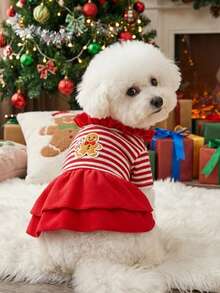 PETSIN Christmas Pet Dog Dress Red‑White Stripe Gingerbread Applique Ruffle Collar Xmas Holiday Outfit For Small Puppy Cat - Red - View 7