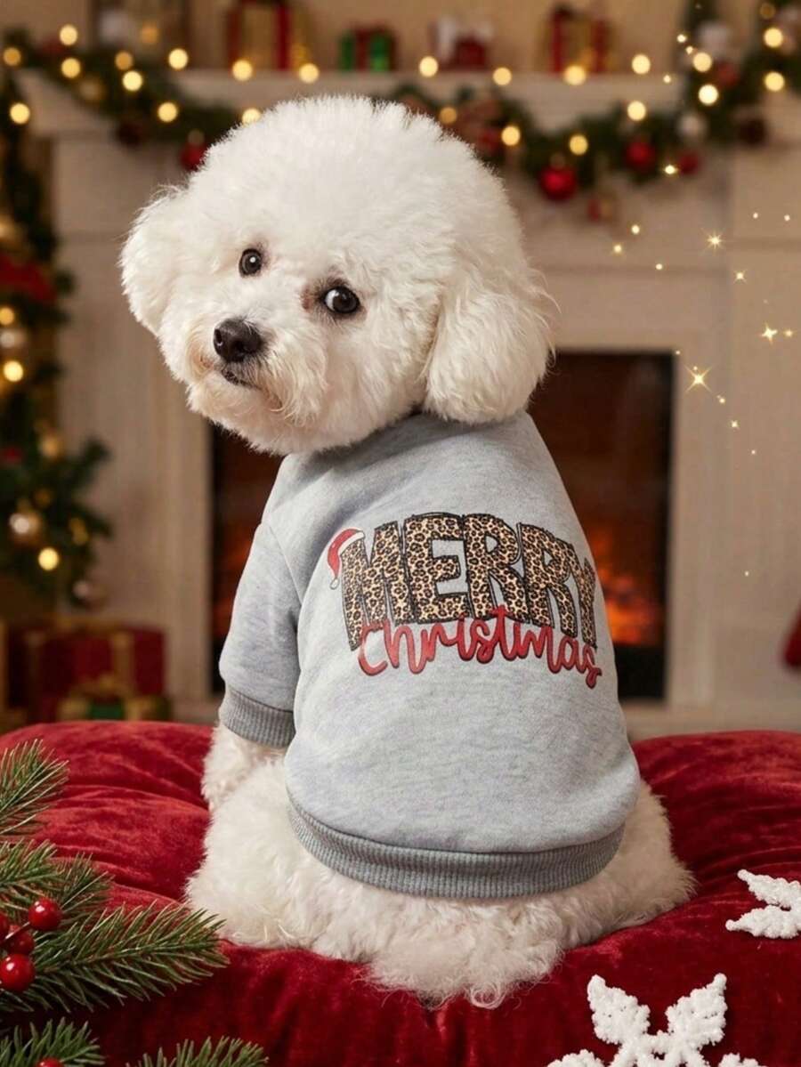 PETSIN 1 Pc Pet Christmas Cat And Dog Universal Merry Christmas Leopard Fashion Pattern English Letter Printed Pattern Grey Fleece Warm And Comfortable Dog Christmas - Multicolor - View 1