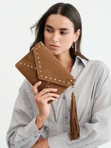 SHECARRY Women's Fashionable Elegant Simple Classic Versatile Retro Brown Suede Gold Rivet Tassels Decorative Clutch/Crossbody Bag, Daily Commuting Date - Brown - View 2