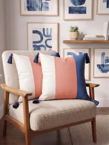 Cirelle 1pc/2pcs All-Season 3-Tone Vertical Color Block Canvas Pillow Covers With Four-Corner Tassels, Minimalist Modern Boho Neutral Home Decor Cushion Cases For Sofas, Bedrooms, Bay Windows, Apartments & Homestays, Pillow Insert Not Included - Pink blue - View 8