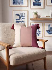 Cirelle 1pc/2pcs All-Season 3-Tone Vertical Color Block Canvas Pillow Covers With Four-Corner Tassels, Minimalist Modern Boho Neutral Home Decor Cushion Cases For Sofas, Bedrooms, Bay Windows, Apartments & Homestays, Pillow Insert Not Included - Pink purple - View 11