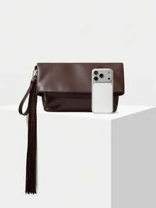 MOTF WOMEN'S FASHION BROWN CLUTCH BAG, EXQUISITE AND SIMPLE FRINGED BAG, FOR DAILY, COMMUTING, SHOPPING, TRAVEL - Coffee - View 4