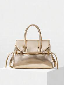 MOTF PREMIUM WOMEN'S FASHION SHINY GOLD HANDBAG WITH DELICATE STRAP BUCKLE FOR DAILY USE, COMMUTING, SHOPPING, FESTIVALS, PARTIES, PARTIES - Gold - View 6