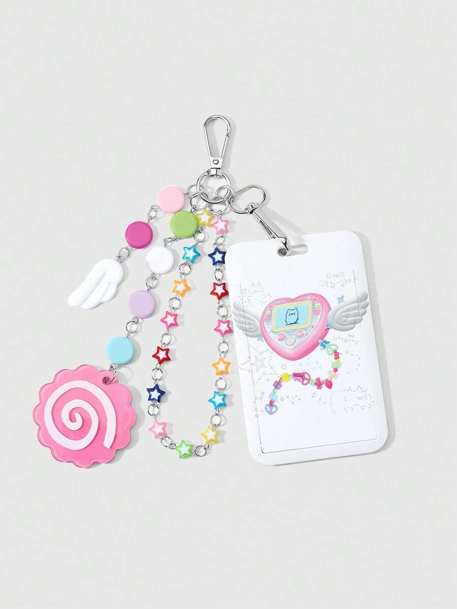 ROMWE Anime 1 Sweet, Fresh And Fashionable Multi-Colored Star Chain, Fish Cake Mirror Wings, Electronic Pet Machine, Acrylic Student Card, Campus Card, Star Card Cover DIY Keychain, Bag Pendant 1662516. - A - View 1