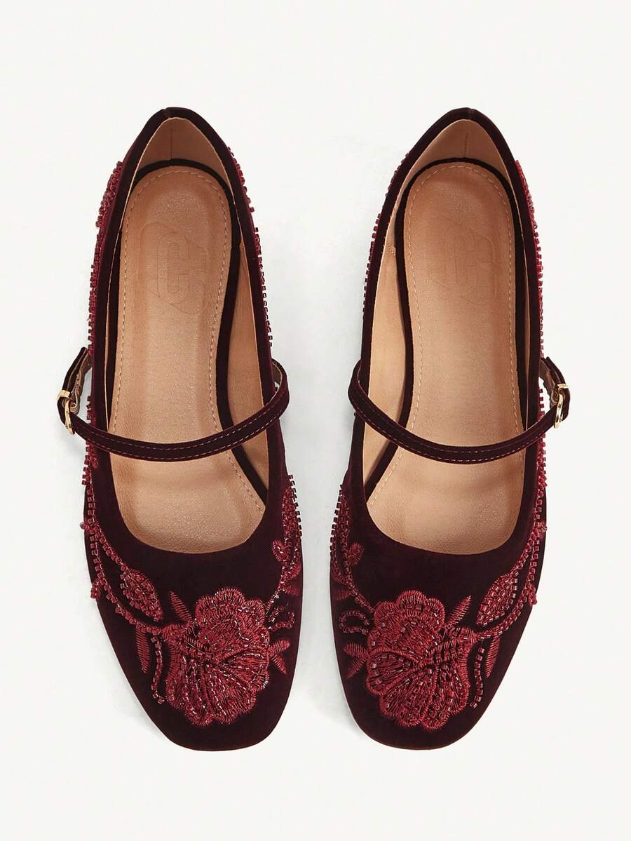 CUCCOO CHICEST 新款圓頭平底酒紅色刺繡縫線珍珠女式平底鞋 時尚優雅舒適透氣瑪麗珍鞋 - 酒紅色 - 查看 1
