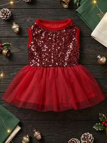 PETSIN Christmas Red Mesh Contrast Sequin Pet Dress - Burgundy - View 2