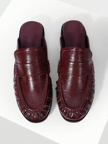 Mnmlis Women's Burgundy Closed-Toe Pleated Loafers, Flat Comfortable Commuter Shoes, Versatile Mule Shoes Fall Shoes - Burgundy - View 1