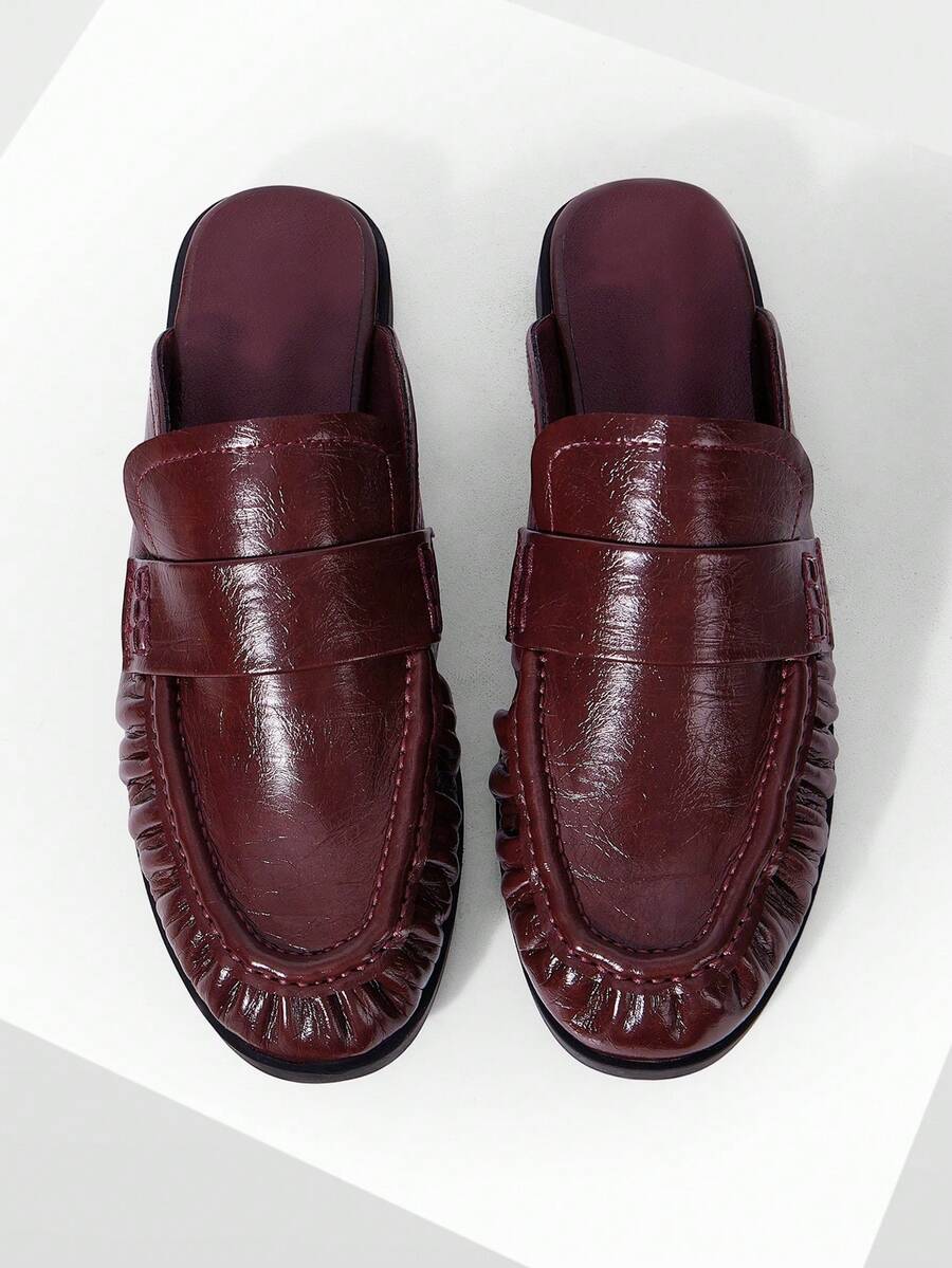 Mnmlis Women's Burgundy Closed-Toe Pleated Loafers, Flat Comfortable Commuter Shoes, Versatile Mule Shoes Fall Shoes - Burgundy - View 1