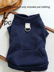 1Pc Solid Pet Pocket Sweatshirt With Leash Ring, Spring Autumn Warm Puppy Clothes, Cute Small Dog Cat Outfit - Navy Blue - View 10