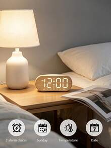 Teckwe 1PC Wood Look LED Digital Alarm Clock, Oval Curved Bedside Table Clock With Dual Alarms, Week & Time Display, Electronic Desk Clock For Bedroom Home Decor - multicolor - View 2