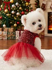 PETSIN Christmas Red Mesh Contrast Sequin Pet Dress - Burgundy - View 1