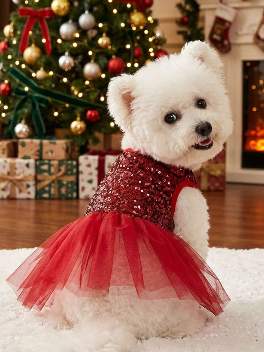 PETSIN Christmas Red Mesh Contrast Sequin Pet Dress - Burgundy - View 1
