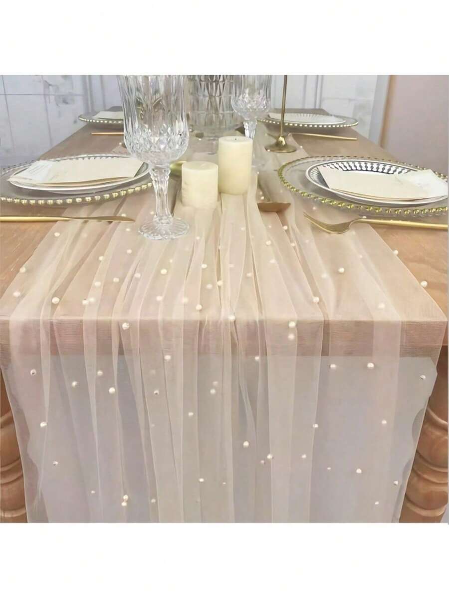 1 Piece Of Pearl Tulle, Suitable For Wedding Tablecloths, Dessert Table Decorations, Cake Photography Backdrops, Bridal Headpieces, Fairy-Style Designs, And White Lace Netting - Beige - View 1