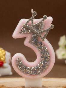 1pc Crown Crystal Silver-Pink Creative Number 0-9 Candles For Birthday Party Pink Glittering Number Birthday Candle With Silver Edge And Rhinestones - Multicolor - View 8