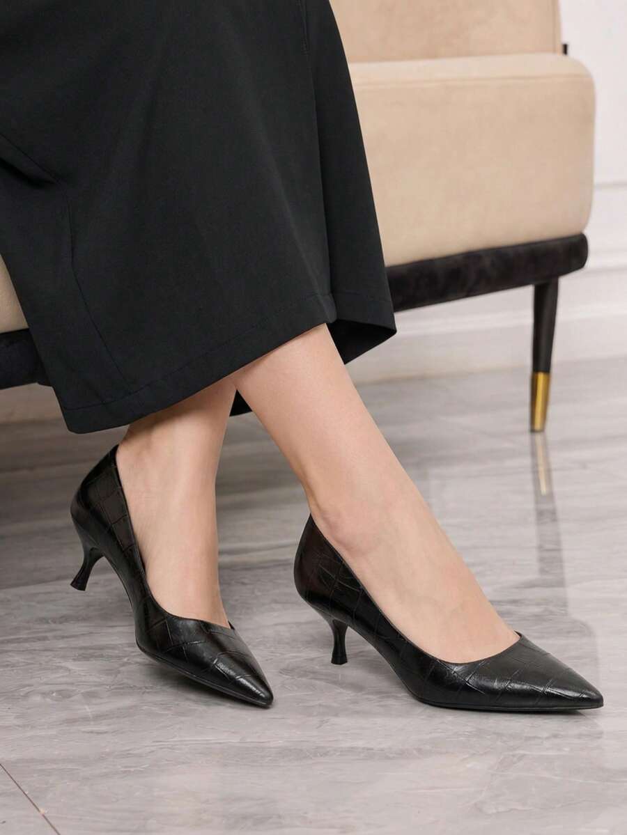 Sleekvia Women's New Black Embossed High Heel Pumps, Suitable For Daily Commute, Party, Dating Kitten Heels Fall Shoes - Classic Black - View 1
