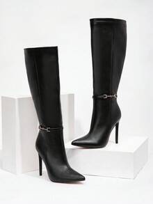 CUCCOO SZL Sexy Fashion Metal Buckle Decor Pointed Toe 12cm Stiletto Heel Casual Versatile Side Zipper Over-The-Knee Boots Spring Shoes Fall Shoes - Black - View 3