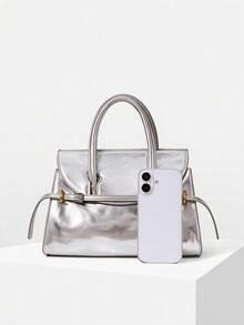 MOTF PREMIUM WOMEN'S FASHION SHINY SILVER HANDBAG WITH DELICATE STRAP BUCKLE FOR DAILY USE, COMMUTING, SHOPPING, FESTIVALS, PARTIES, PARTIES - Silver - View 5