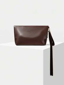 MOTF WOMEN'S FASHION BROWN CLUTCH BAG, EXQUISITE AND SIMPLE FRINGED BAG, FOR DAILY, COMMUTING, SHOPPING, TRAVEL - Coffee - View 3