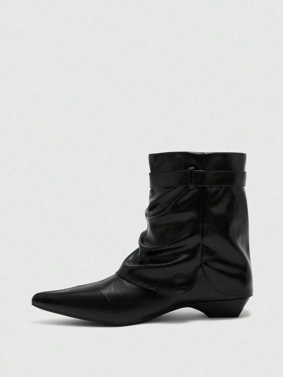 CUCCOO BIZCHIC Autumn And Winter Black Pleated Pile Short Boots Women's Low Heel Pointed Belt Buckle Sleeve Soft Leather Retro Western Boots