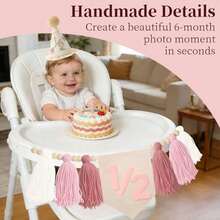 1set 1/2 Birthday Bow Crown High Chair Banner Set, 6 Months Old Girl Decoration, Pink Ribbon Bow Banner, Cake Smash Photo Prop - Pink - View 4
