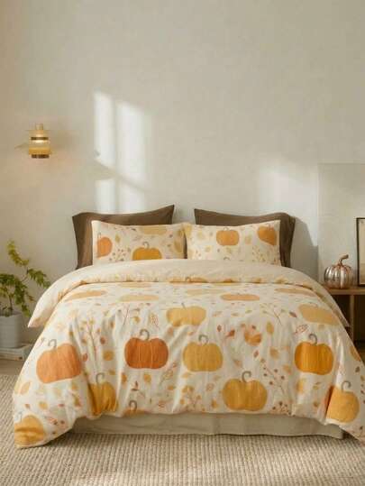 Cirelle 3pcs Fall Pumpkin Duvet Cover Set - Soft Polyester Autumn Leaves Bedding Set, Warm Orange & Yellow Harvest Pumpkin Quilt Cover With Pillow Shams For Thanksgiving & Fall Bedroom Decor (No Insert)