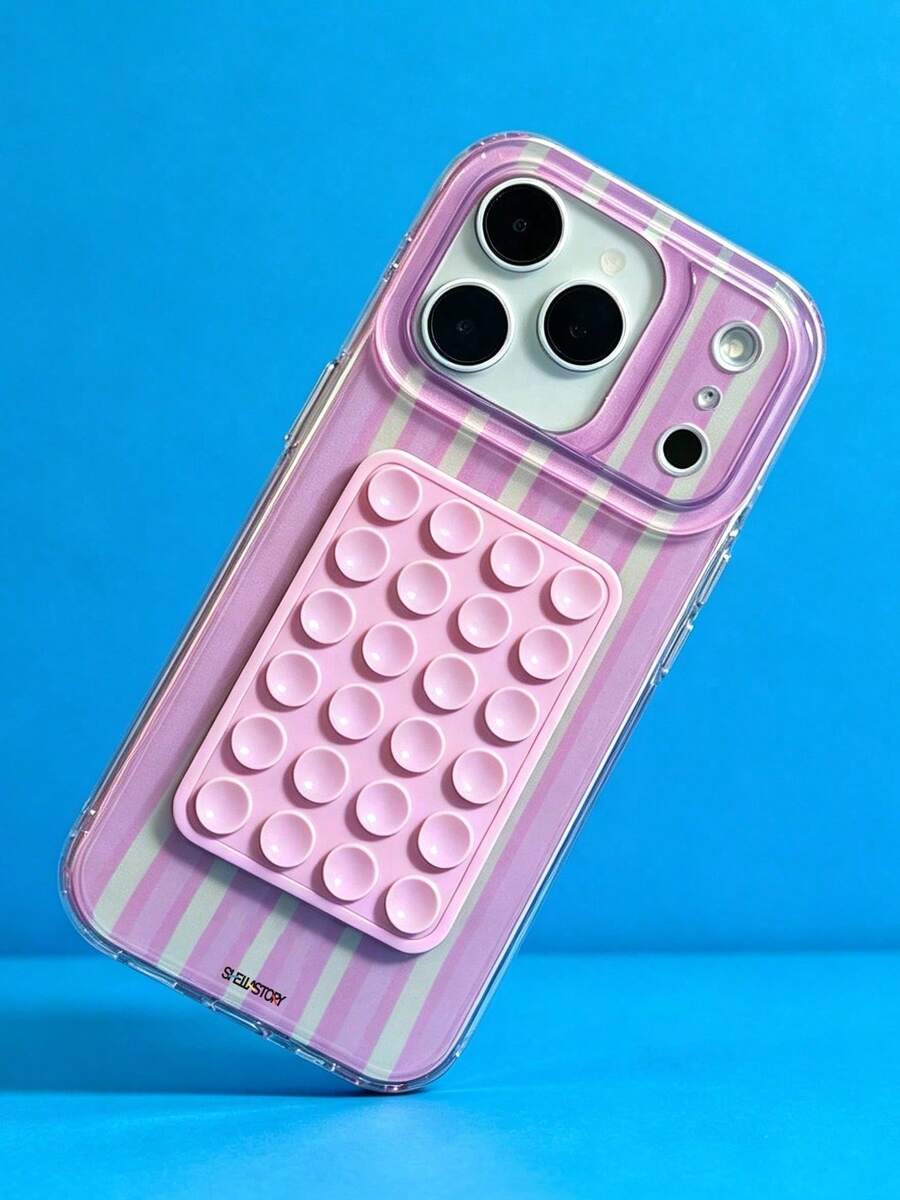 ShellaStory Fashion Dopamine Contrasting Colors Striped Suction Cup Phone Case Compatible With IPhone 17 Pro Max 17 Pro 16 14 13 15 Pro Max 14 15 16 Plus 14 15 13 16 17 Creative Candy Color Protective Cover - Pink - View 1