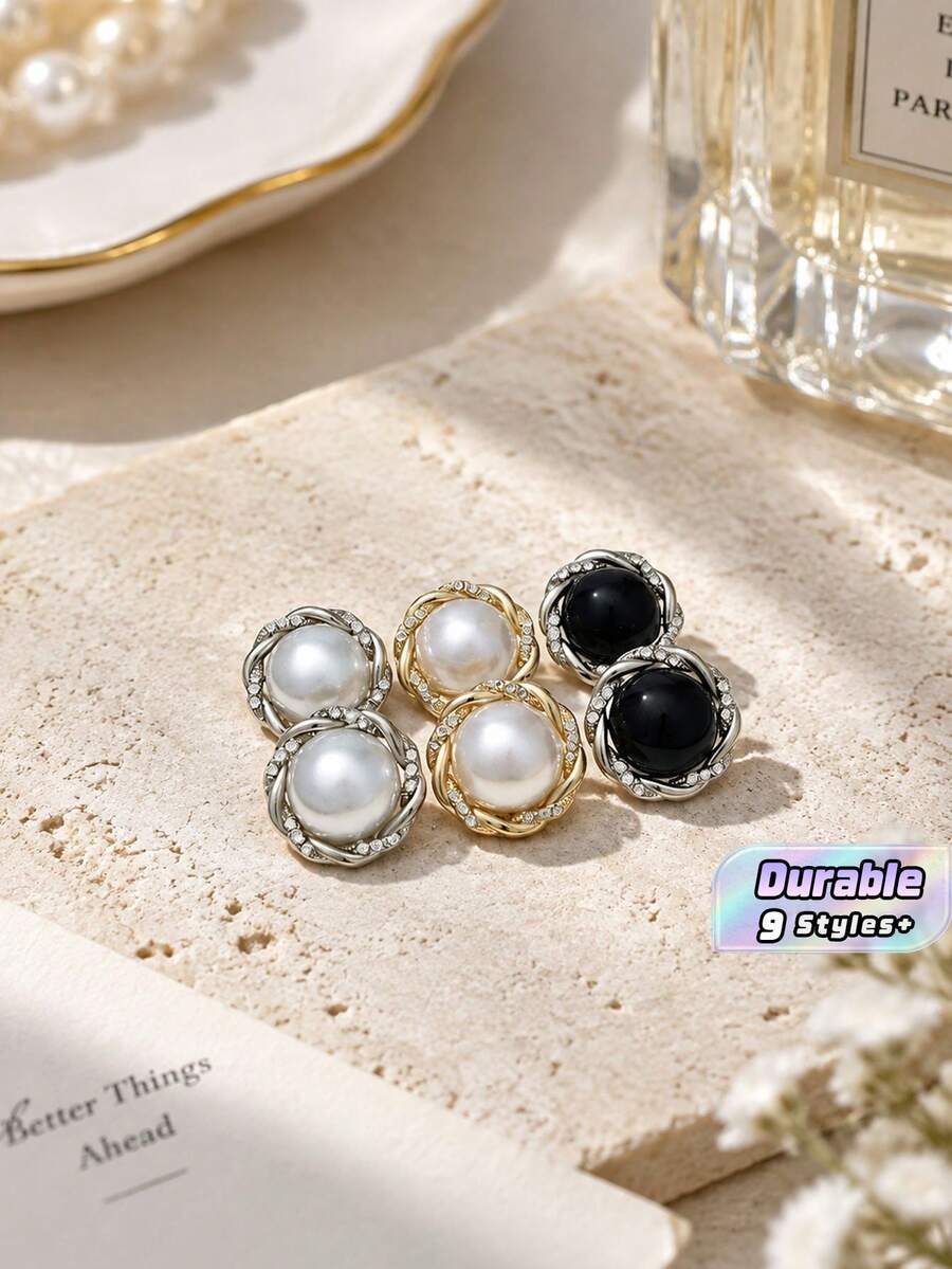 1 Pack 10 Pieces Twist‑Edge Pearl Rhinestone Inlaid Round Metal Buttons Versatile Decorative Fasteners For Women Sweaters Fur Coats Outerwear Hand‑Sewn Clothing Accessories - 10pcs - View 1